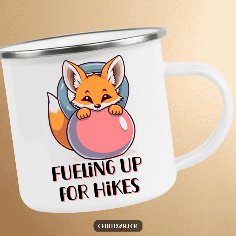 Durable camping mug featuring a funny curious fox peeking from behind a vibrant kettlebell, ready for adventure.