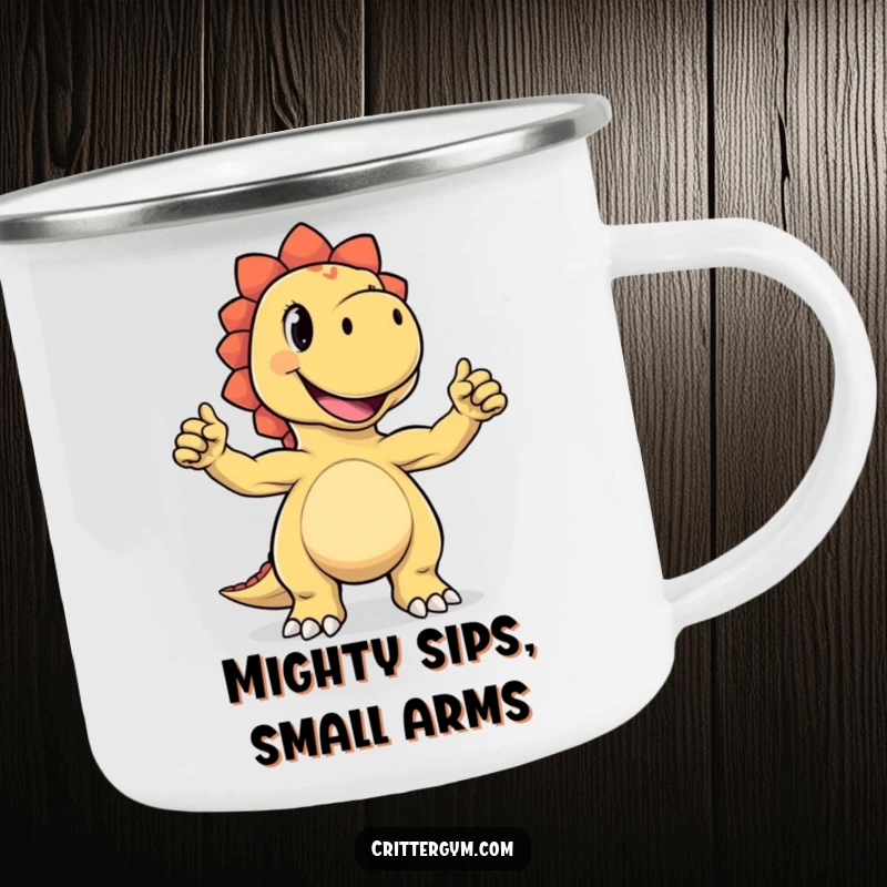 Funny camping mug featuring a joyful dinosaur character proudly flexing its tiny biceps with a cheerful grin, ready for outdoor adventures and jokes.