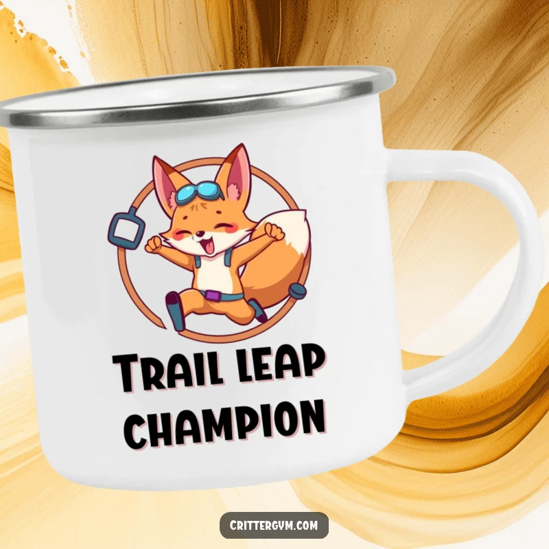 Funny Fox Camping Mug: An energetic fox leaps through a gym equipment hoop, ready for outdoor challenges.