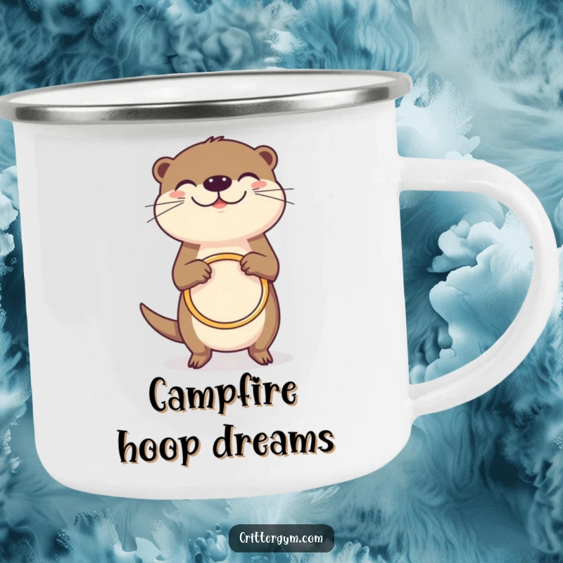 Funny grinning otter camping mug, joyfully spinning a tiny hula hoop, for outdoor use, hilarious funny gift.