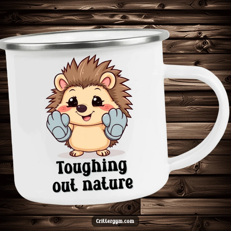 Durable camping mug featuring a funny smiling hedgehog trying on enormous workout gloves, ready for adventure.