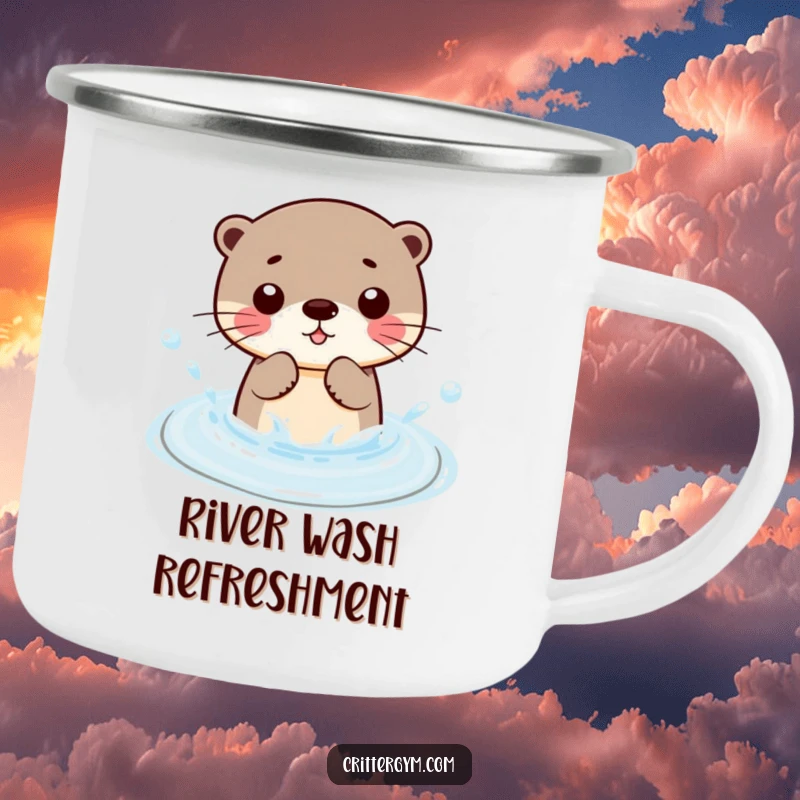 Funny Kawaii otter character splashing in a small pool, a durable and humorous camping mug for adventurers.