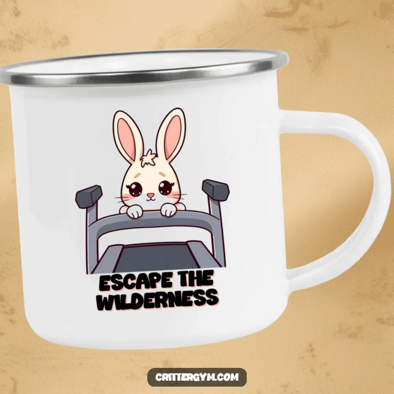 Funny Nervous Rabbit Camping Mug: A nervous rabbit peeks over a treadmill, ideal for outdoor laughs.