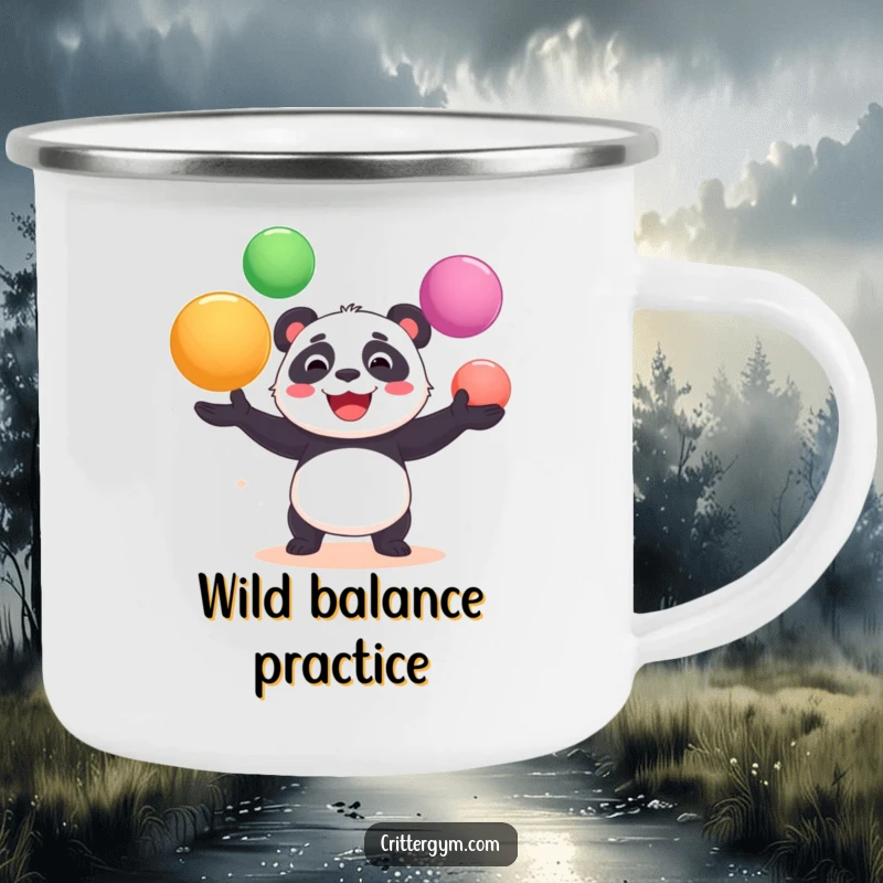 Funny camping mug with a cheerful panda bear gleefully juggling oversized yoga balls, perfect for outdoor humor.