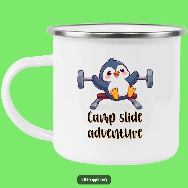 Funny Penguin Camping Mug: Penguin Sliding Weight Bench, Outdoor Fitness Fun