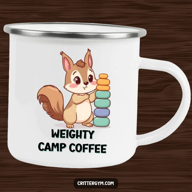 Funny camping mug featuring a curious squirrel character looking shocked while trying to lift a giant stack of small weights. Ideal for outdoors.