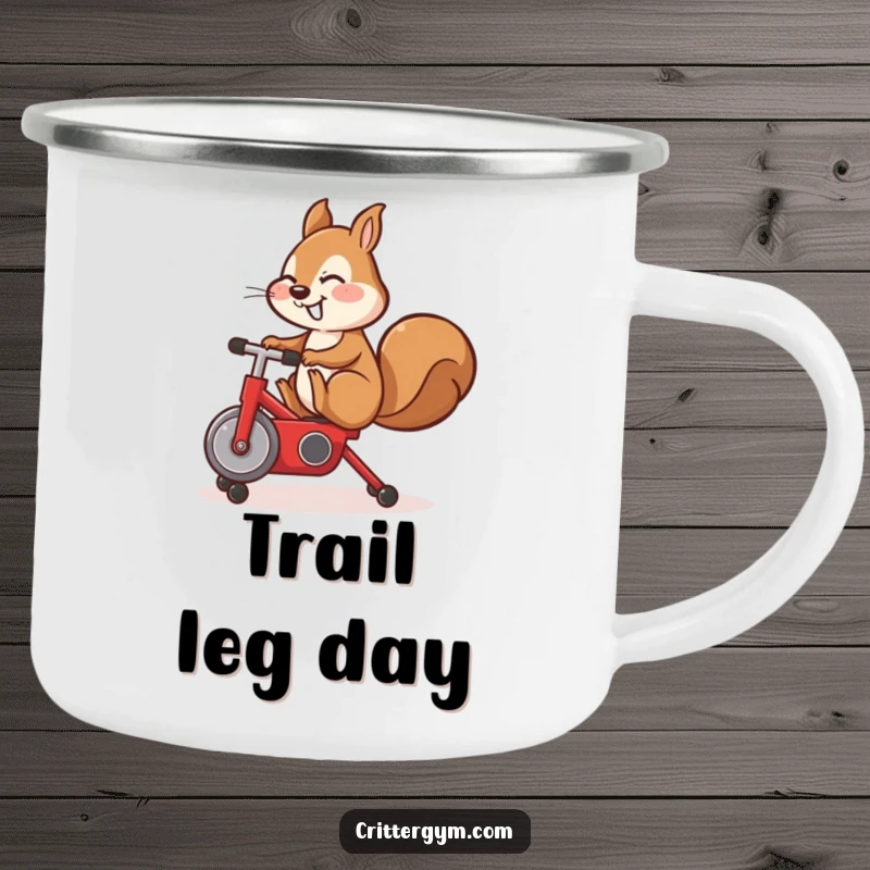Funny camping mug, cute squirrel doing a leg kick on a tiny red exercise bike, outdoor enamel mug.