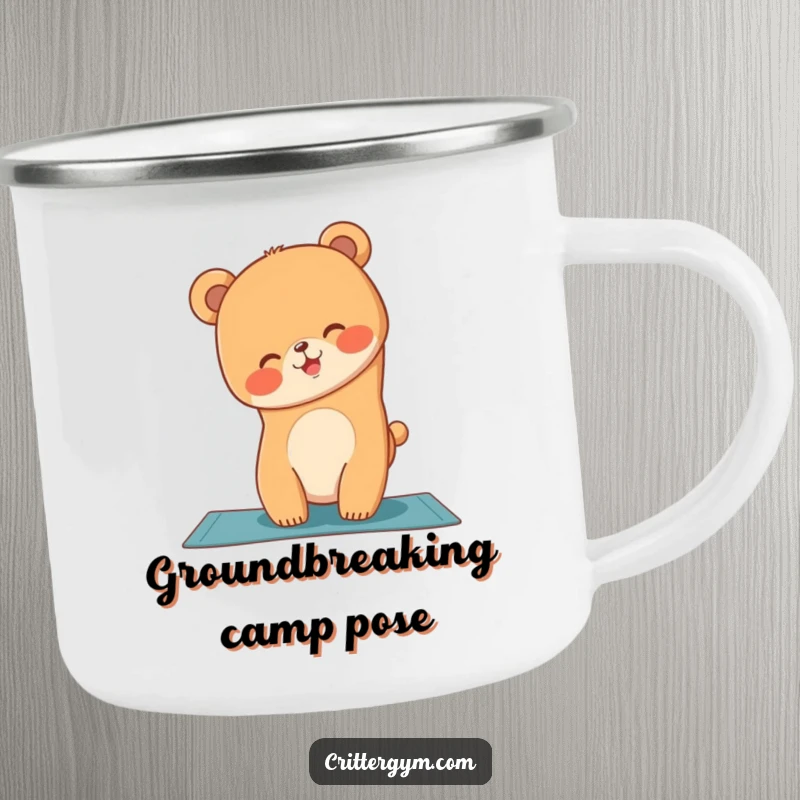 Funny bear cub trying a handstand on a yoga mat, printed on a durable camping mug, a funny gift.