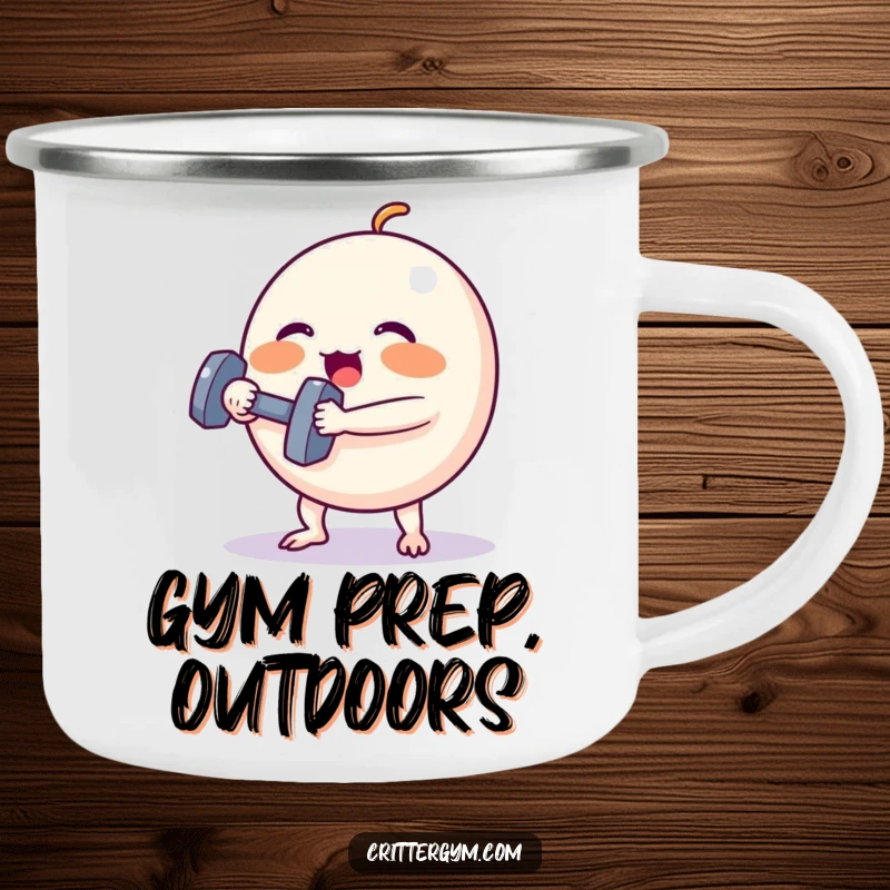 Funny Camping Mug: A small, round creature with rosy cheeks lifts a tiny dumbbell, representing humorous outdoor effort.