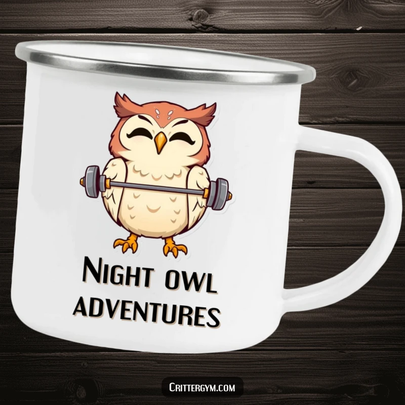 Durable camping mug featuring a funny, overjoyed owl balancing a tiny barbell on its beak, ready for adventure.