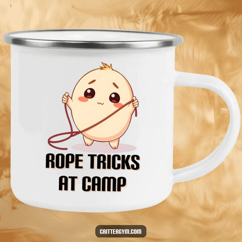 Funny Camping Mug: A round creature looking sweetly bewildered with a giant jump rope, for outdoor fun.