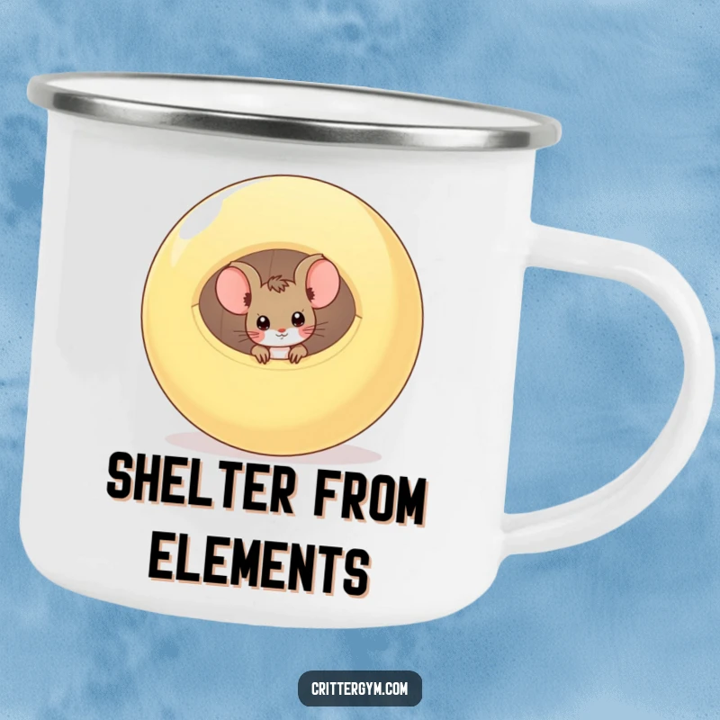 Funny curious mouse peeking from a deflated exercise ball on a durable camping mug, a funny gift.
