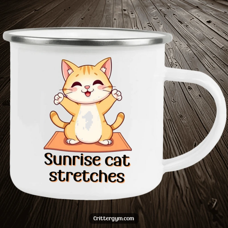 Funny camping mug featuring a cheerful cat character playfully stretching on a yoga mat, perfect for outdoor enthusiasts who love humor.