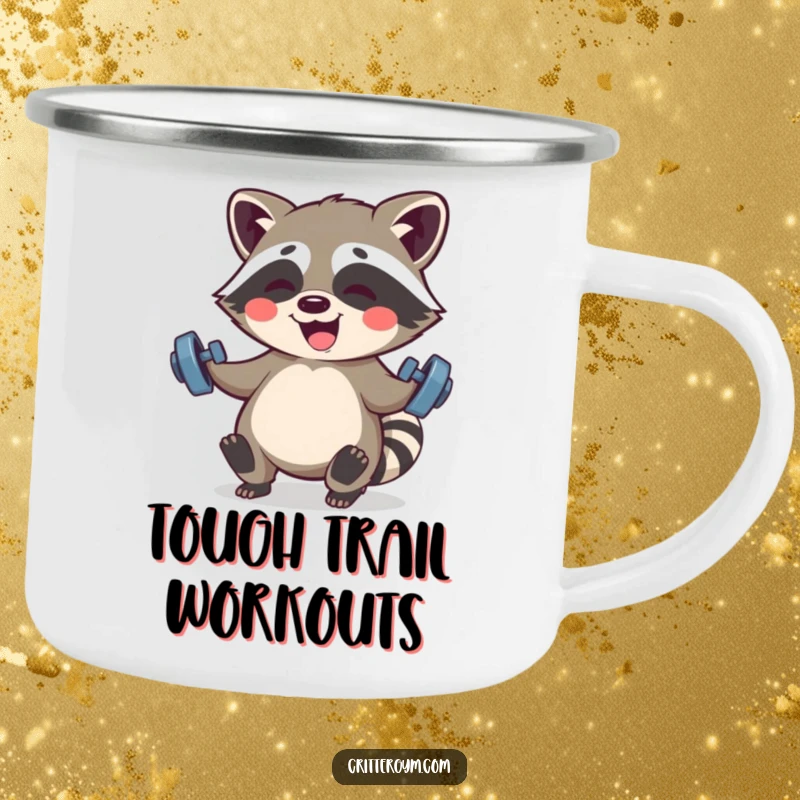 Funny Kawaii raccoon character giggling while lifting small barbells on a rugged camping mug for humorous outdoor workouts.