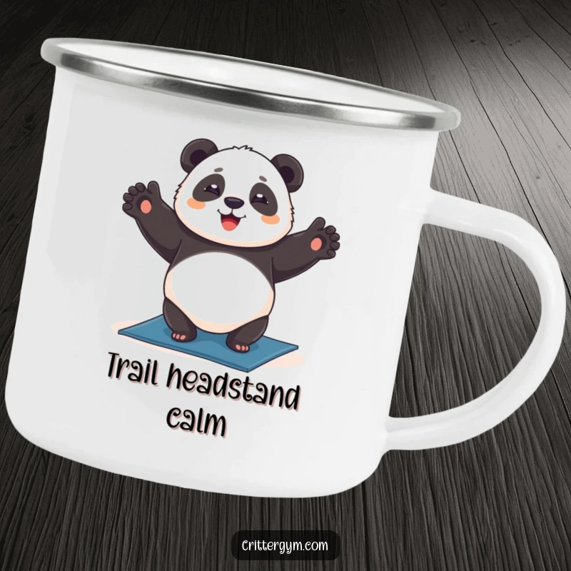 Funny chubby panda camping mug, happily doing a headstand on a yoga mat, for outdoor use, hilarious funny gift.
