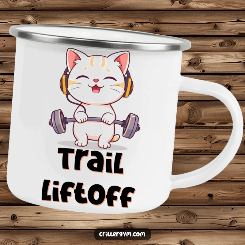 Funny cat camping mug with a giggling character wearing tiny headphones, happily lifting a very small barbell.