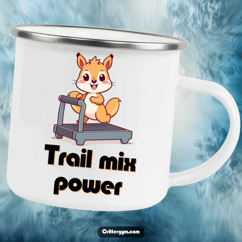Funny Kawaii squirrel character running on a small treadmill, a durable and humorous camping mug for adventurers.