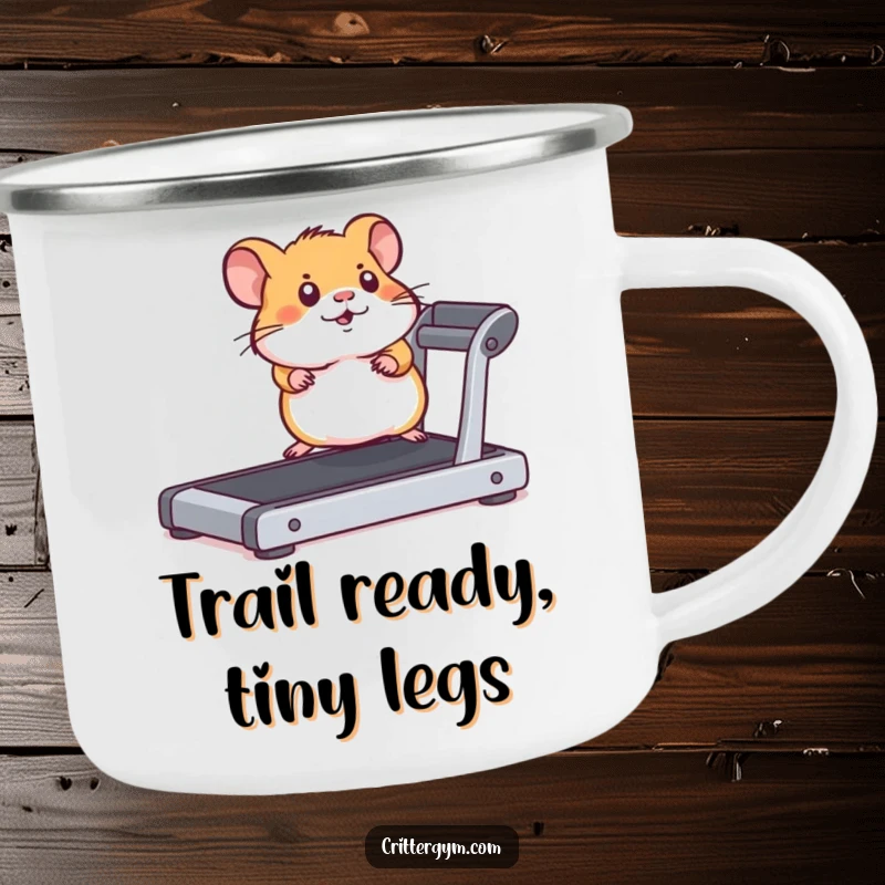 Funny hamster running on a treadmill on a durable camping mug, ready for outdoor exploration.