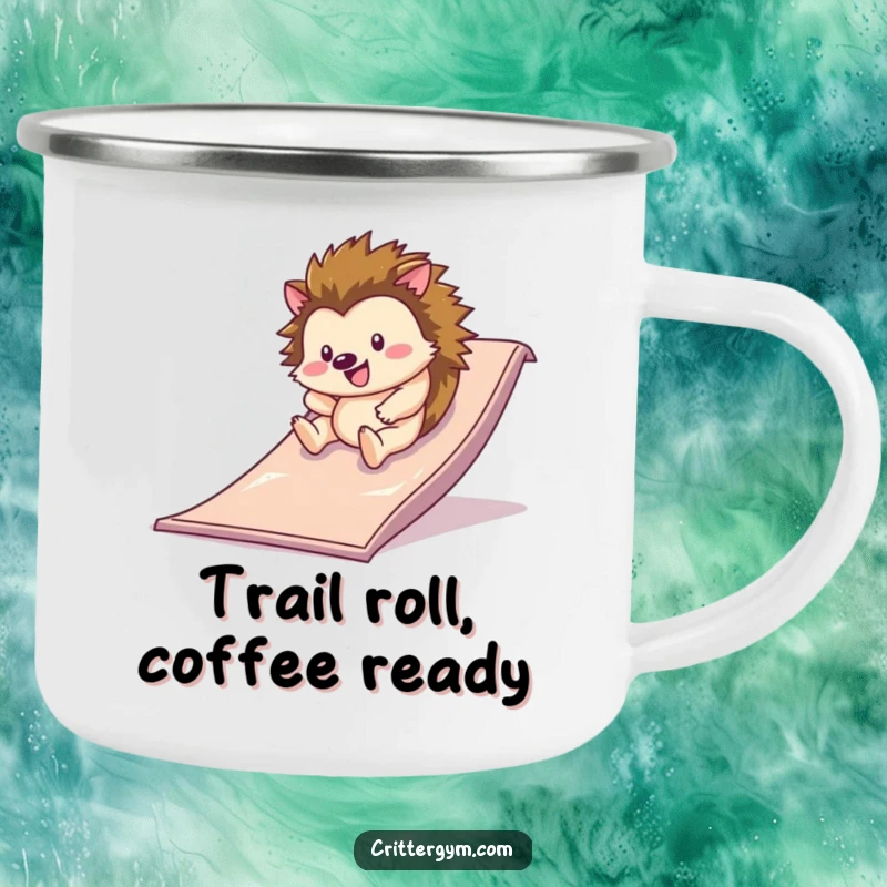 Funny camping mug showing a happy hedgehog rolling down a slippery slide on a gym mat, ready for outdoor fun and humorous campsite moments.