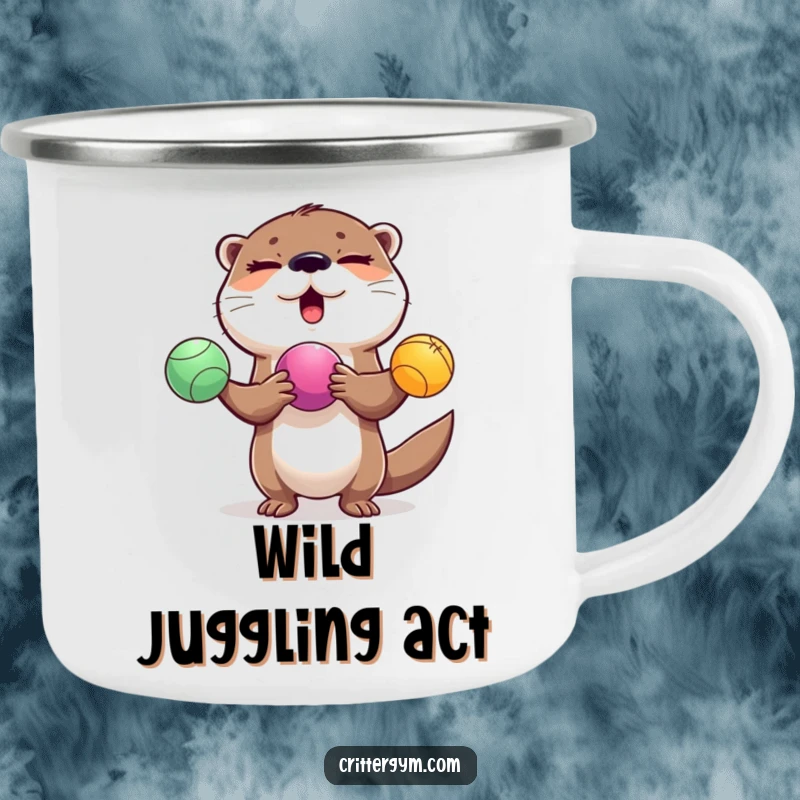 Funny winking otter juggling exercise balls on a durable camping mug, a great funny gift.