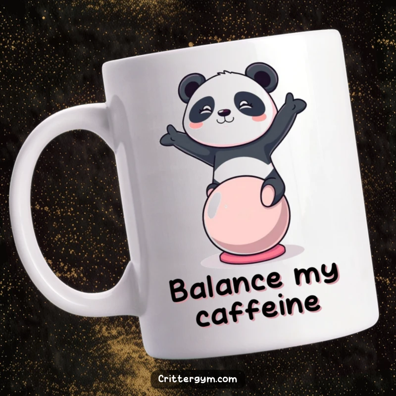 Funny kawaii panda character determinedly balancing on a yoga ball on a mug, a motivational funny gift.