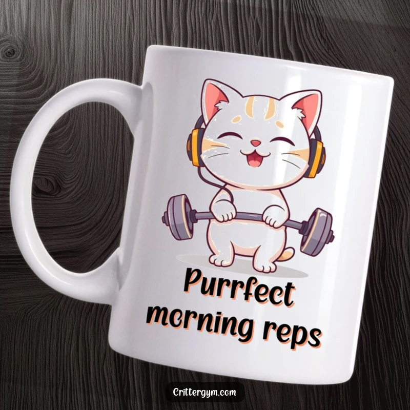 Funny cat mug featuring a giggling character wearing tiny headphones, happily lifting a very small barbell with a smile.