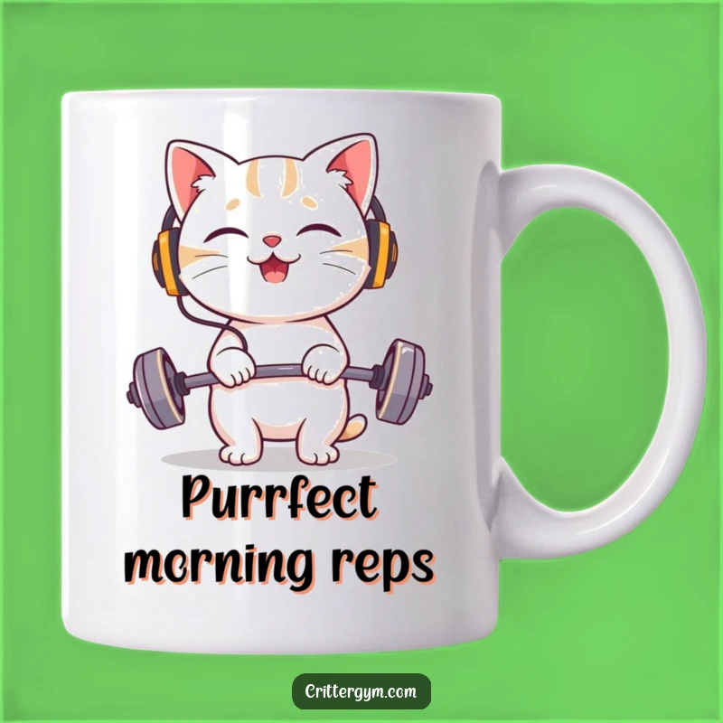 Funny Cat Headphones Lifting Mug: Giggling Fitness Character Gift