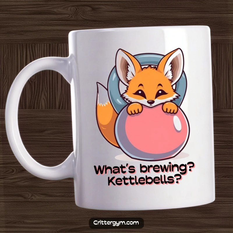 Funny curious fox peeking from behind a vibrant kettlebell, designed for a funny coffee mug.