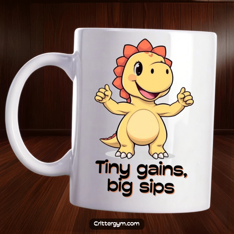 Funny mug featuring a joyful dinosaur character proudly flexing its tiny biceps with a big grin, showcasing a humorous and powerful pose.