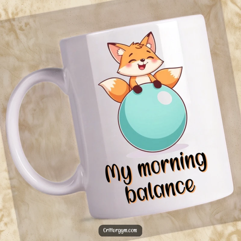 Funny fox balance mug with a playful fox character laughing heartily while balancing on a large exercise ball, full of energy.