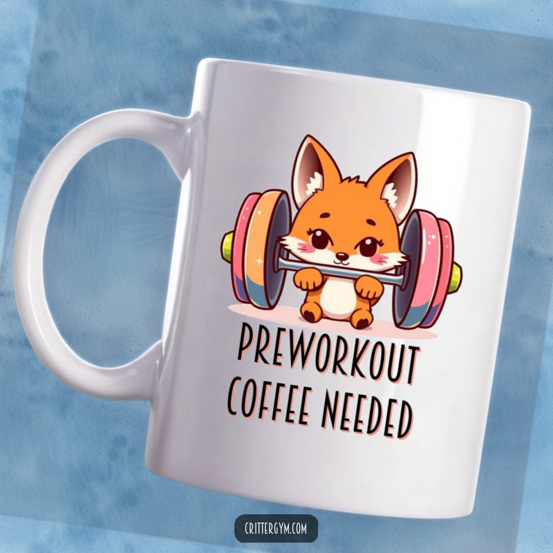 Funny curious fox peeking out from behind a giant, colorful barbell on a mug, showcasing a blend of fitness and playful mischief.