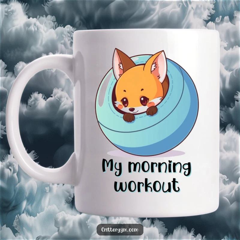 Funny fox peeking from behind a colorful exercise ball mug, conveying curiosity and playful mischief, great for a funny gift.