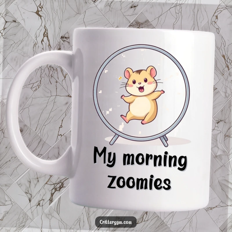 Funny Mug: A small animal character enthusiastically running like a blur on a hamster wheel.
