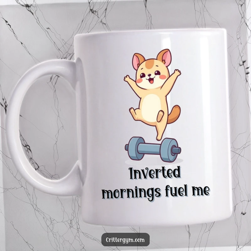 Funny handstand animal mug featuring a determined critter balancing perfectly on a tiny dumbbell, exuding joy and fitness focus.