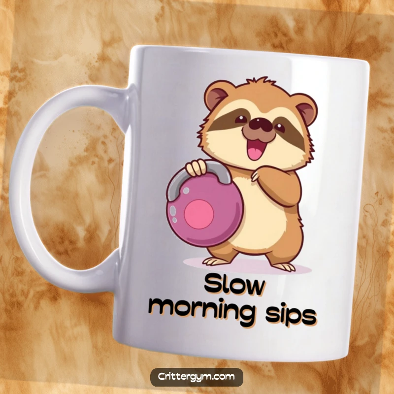 Funny kawaii sloth character comically struggling to lift a giant kettlebell on a mug, a humorous funny gift.