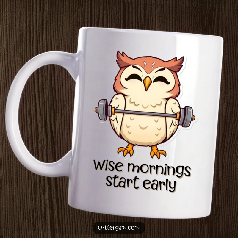 Funny, overjoyed owl balancing a tiny barbell on its beak, designed for a funny mug.