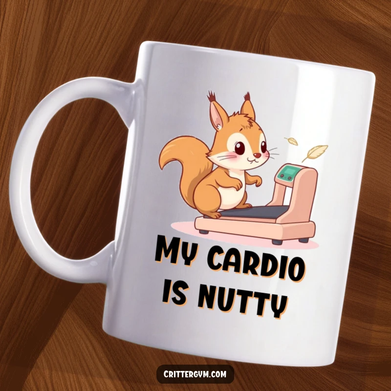 Funny squirrel mug showing a determined but confused squirrel running on a miniature treadmill, chasing stray feathers with wild abandon.