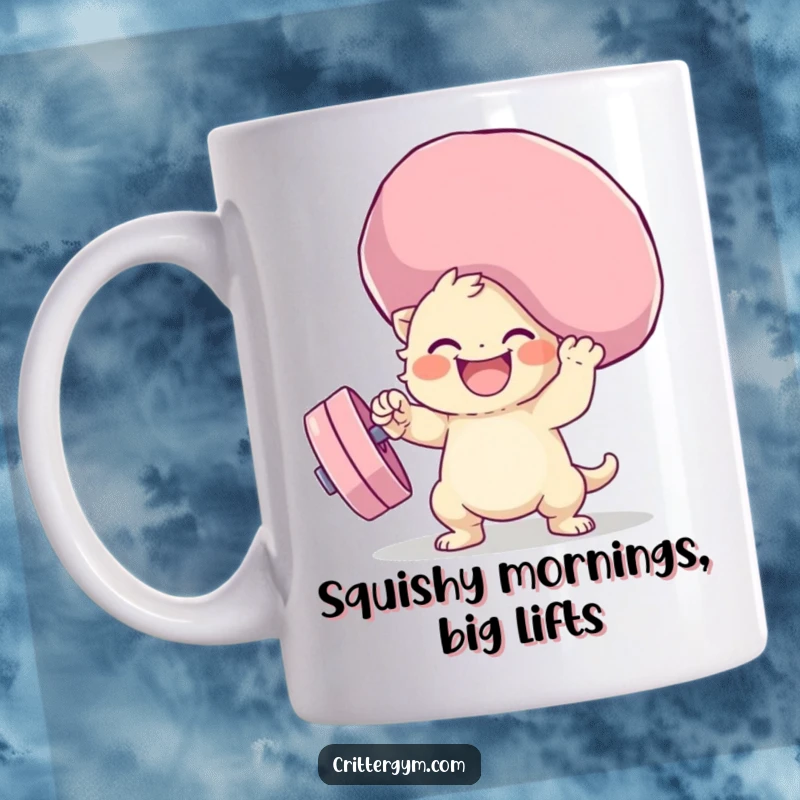 Funny squishy weight lifting mug with a cute creature gleefully hoisting a comically oversized, soft weight, showing determination and humor.