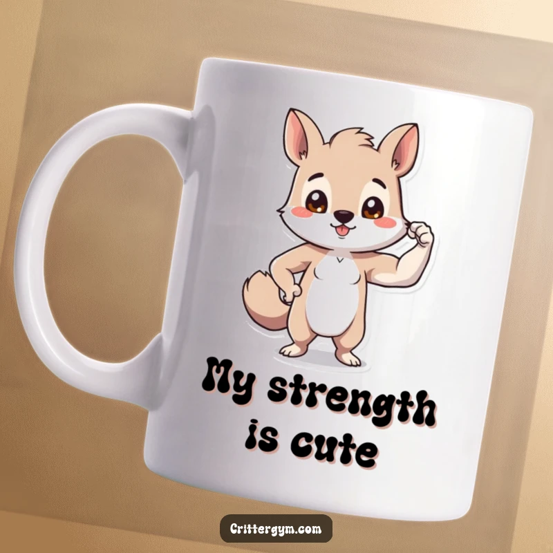 Funny tiny bicep animal mug with a small creature proudly flexing a comically tiny bicep, showing immense confidence and humor.