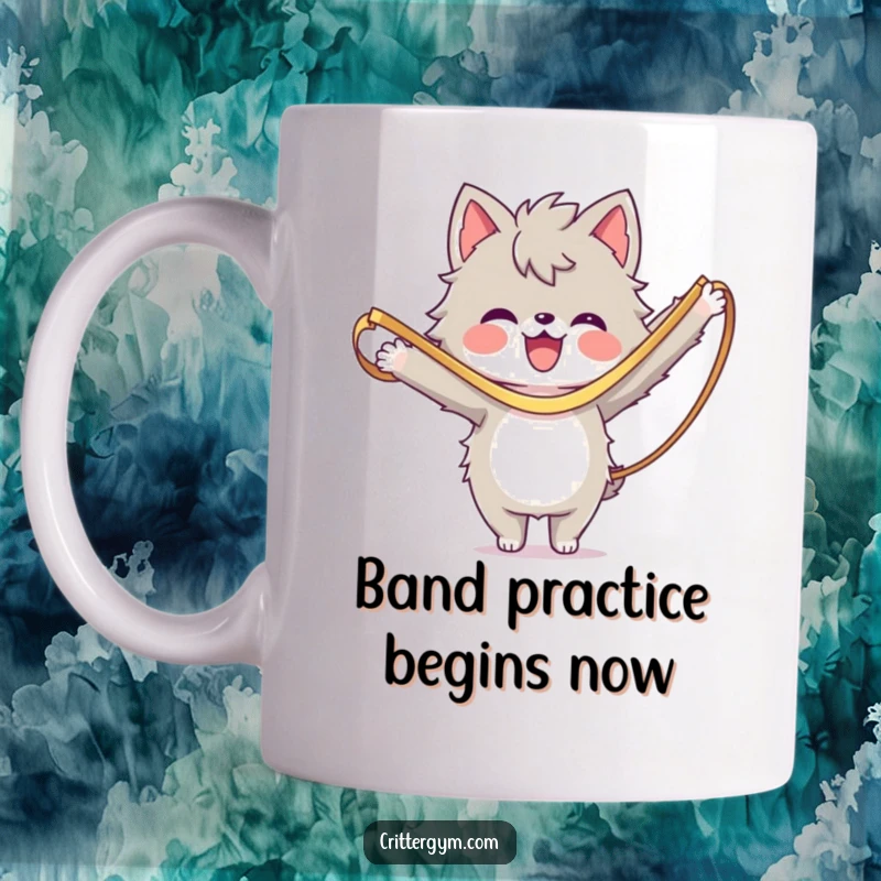 Funny Mug: A joyful furry creature gleefully stretching with a resistance band looped wide, showcasing workout humor.