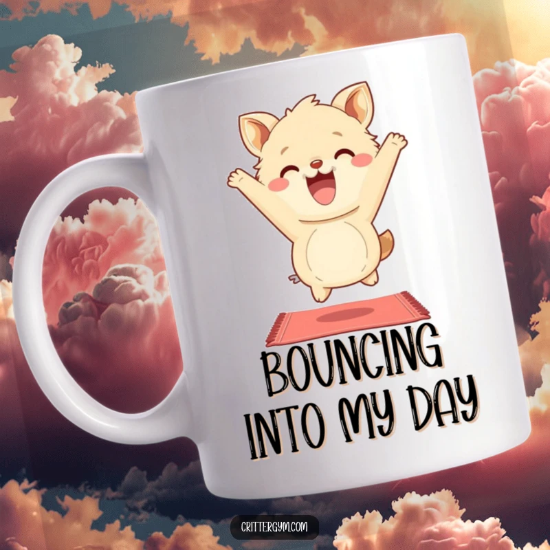Funny Mug: A fluffy animal character joyfully bounces on a tiny yoga mat, grinning widely, embodying hilarious wellness.