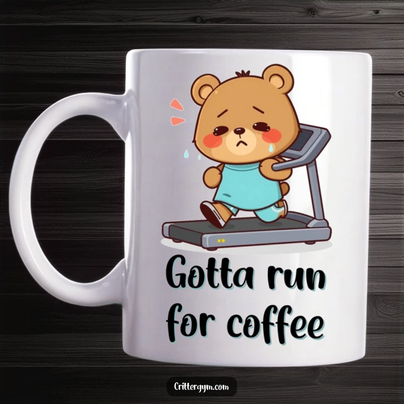 Funny mug showing a small, determined bear character sweating profusely while running on a treadmill with a wide, happy smile, embodying fitness zeal.