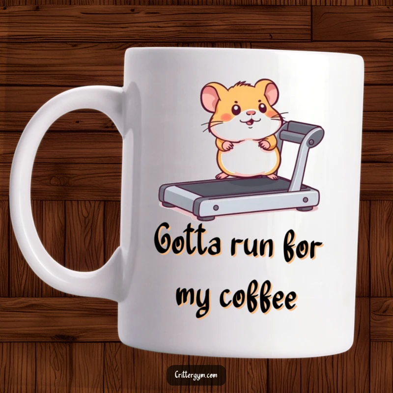 Funny, energetic hamster stretching enthusiastically on a tiny treadmill with a determined expression on a mug.