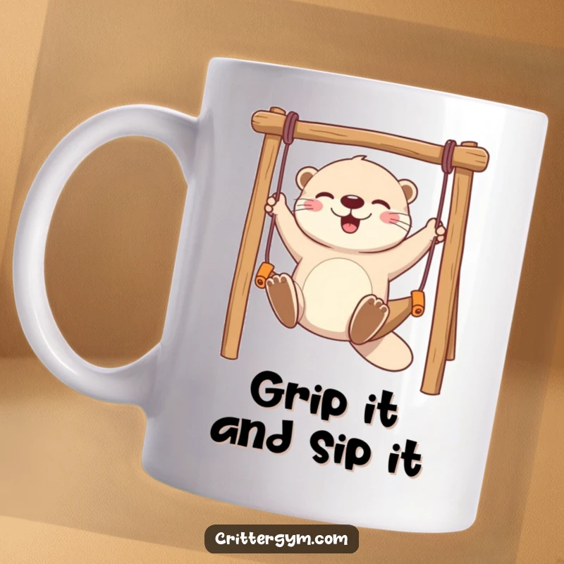 Funny mug with a playful otter character swinging gleefully on a miniature monkey bar, showcasing pure joy and mischievousness.