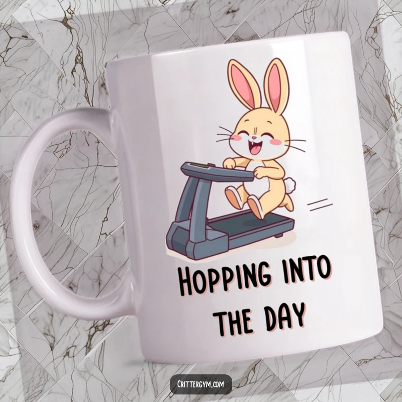 Funny mug depicting a giggling bunny sprinting on a treadmill with its ears flapping energetically, a humorous fitness scene.