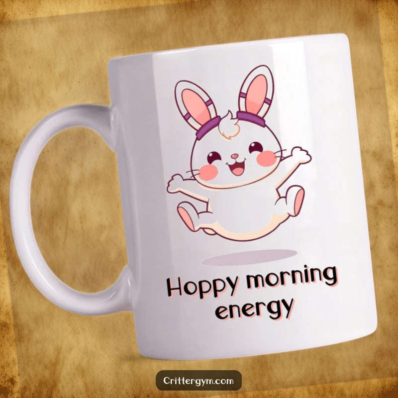 Funny cheerful round bunny wearing sweatbands, doing a cartwheel with a big smile on a ceramic mug, a great funny gift.