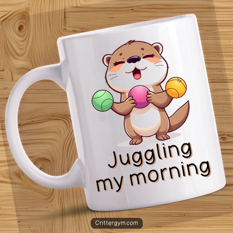 Funny winking otter character playfully juggling three colorful exercise balls, printed on a mug, a funny gift.