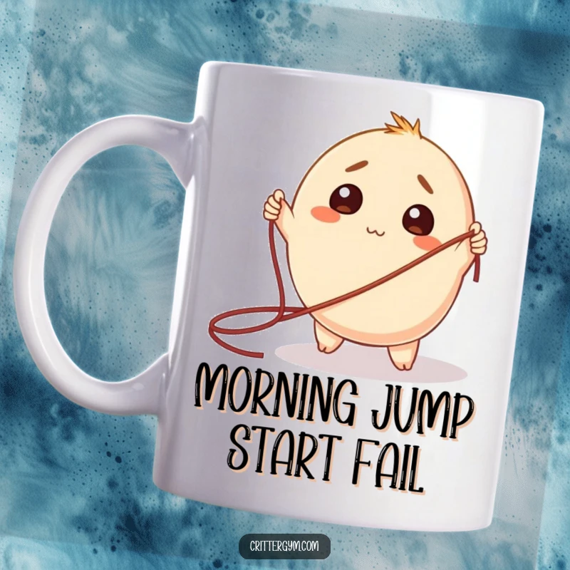 Funny Mug: A round creature looking pleasantly bewildered while attempting to use a giant jump rope.