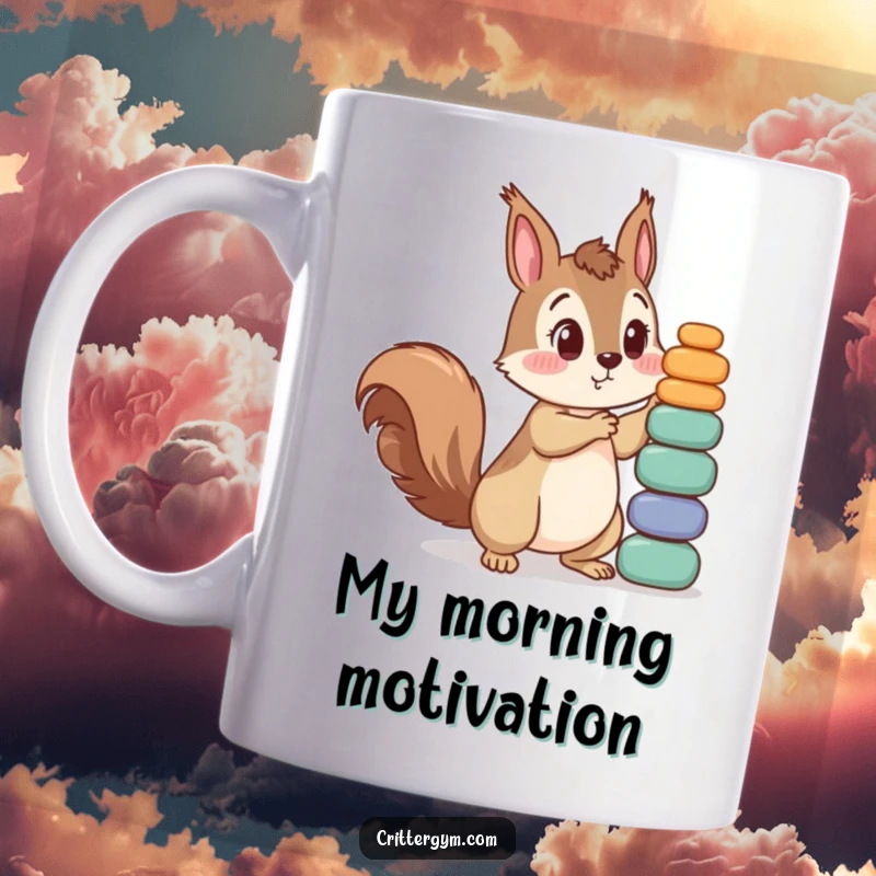 Funny mug with a curious squirrel character struggling to lift a huge stack of tiny weights, showing surprise. Great for gym lovers.