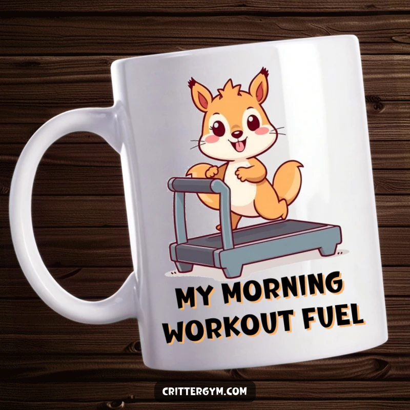 Funny Kawaii squirrel character energetically running on a miniature treadmill, a humorous workout illustration for coffee mugs.